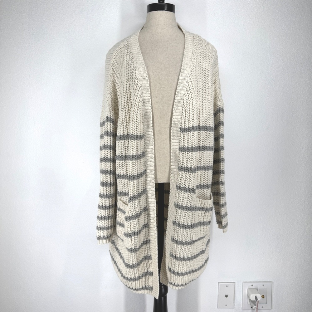 POL Striped Chunky Knit Long Cardigan Sweater‎ Pockets Boho Granola Oversized
